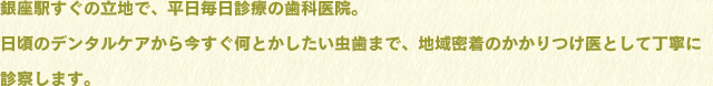 銀座駅すぐの立地で、平日毎日診療の歯科医院。日頃のデンタルケアから今すぐ何とかしたい虫歯まで、地域密着のかかりつけ医として丁寧に診察します。